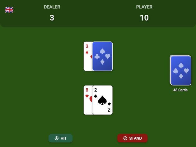 Imagem do jogo Flutter Blackjack onde é possível visualizar as cartas